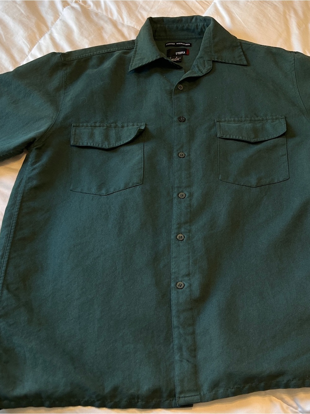 Utopia Dark Green Sueded Microfiber Casual Button-Down Shirt with Chest Pockets